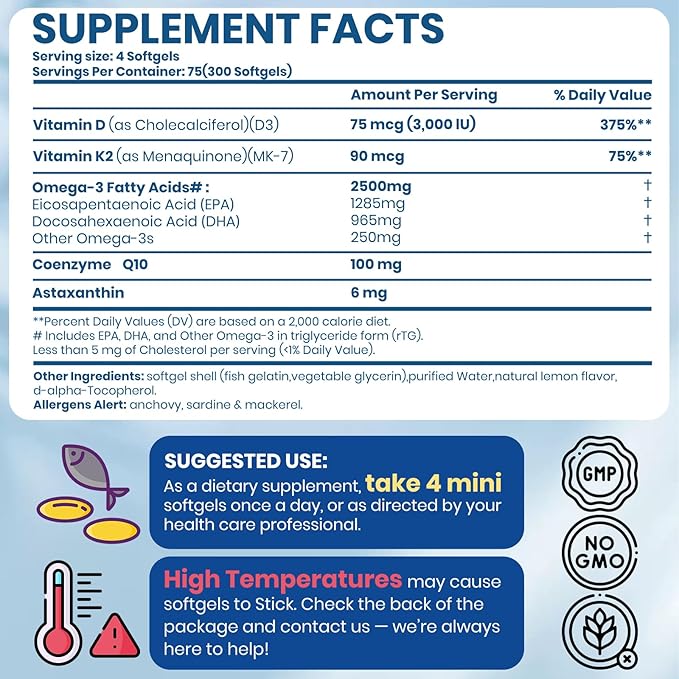 Omega 3 Fish Oil with Vitamin D3 K2 – 300 Lemon Flavored Burpless Softgels | Fish Oil Omega 3 Supplements Support Heart, Brain, Eyes & Immune Health | Gluten-Free, Non-GMO