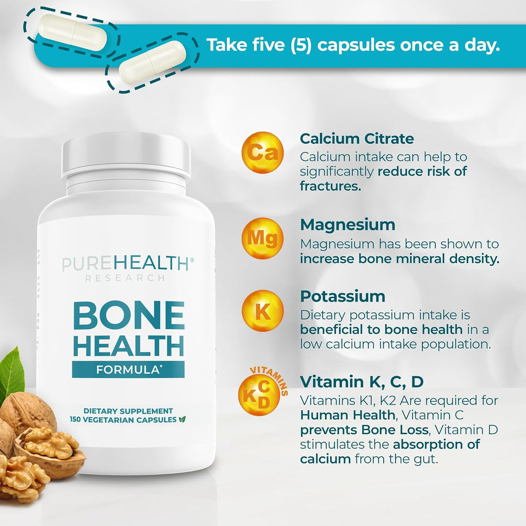 PUREHEALTH RESEARCH Bone Health Formula Calcium & Magnesium Supplement - with Iron, Zinc, Copper, Vitamin D, C, K2 & More - Bone & Joints Vitamins for Women & Men, 150 Capsules