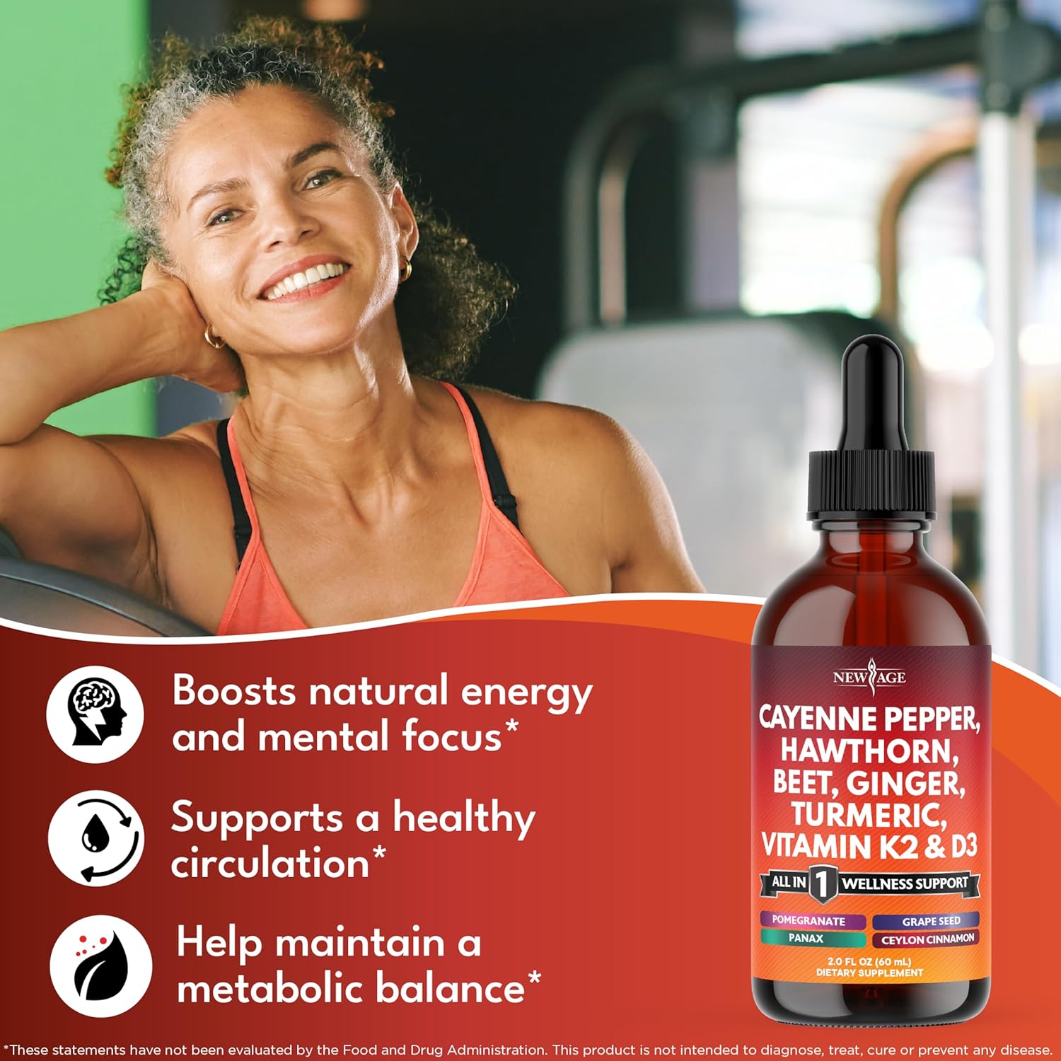 Cayenne Pepper Supplement Liquid Drops + Hawthorn Berry, Vitamin D3 K2 Beet Root Powder, Ceylon Cinnamon, Turmeric Curcumin, Organic Panax Ginseng - 2oz
