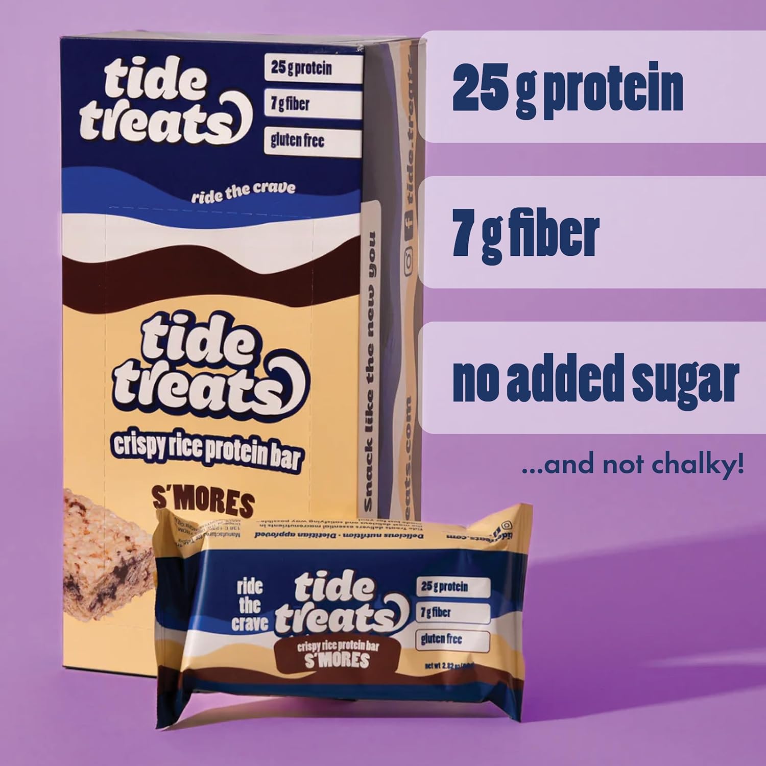 Crispy Rice Protein Treat Bar | 25 g Protein, No Added Sugar, 7 g Fiber, Gluten Free | High Protein Snack for On-the-Go, Post-Workout or Dessert Cravings | 8 Count (S'mores)