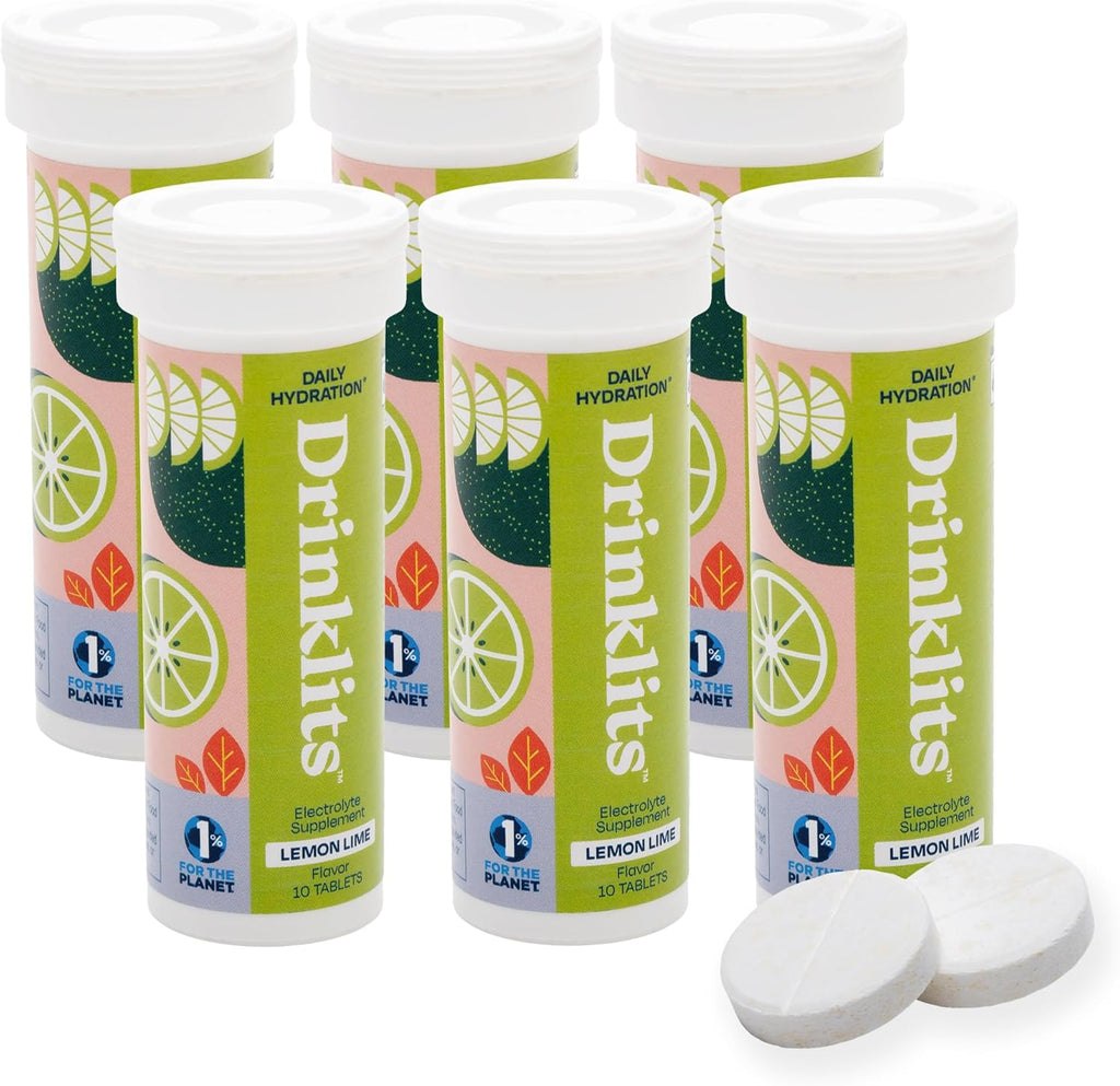 Drinklits Lemon Lime Electrolyte Fizzy Hydration Tablets (6) Tube Bundle | 0g Sugar - Natural Sports Drink - Essential Electrolytes | 60 Servings - 10 Tablets Per Tube