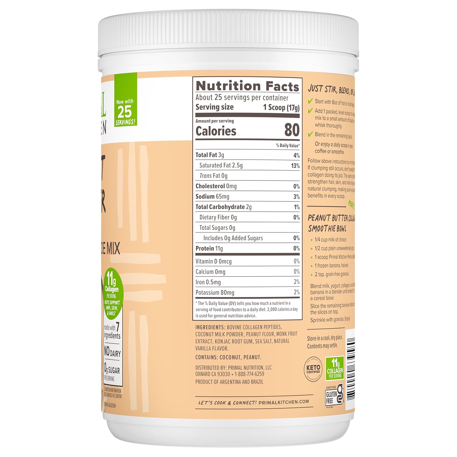 Primal Kitchen Peanut Butter Flavor Collagen Fuel® Drink Mix, Collagen Peptides, No Dairy, 14.3 Ounces