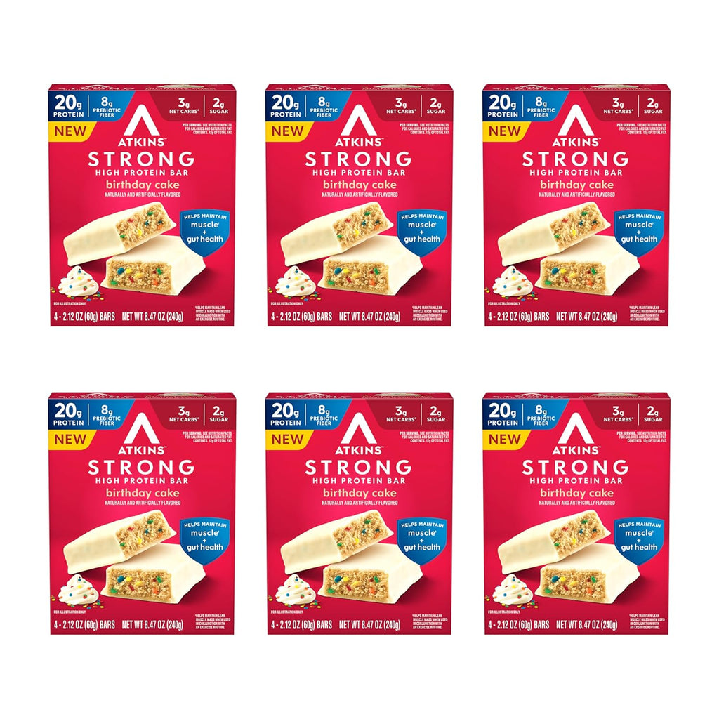 Atkins Strong Birthday Cake High Protein Bars, 20g Protein, 2g Sugar, 4 Count (Pack of 6)
