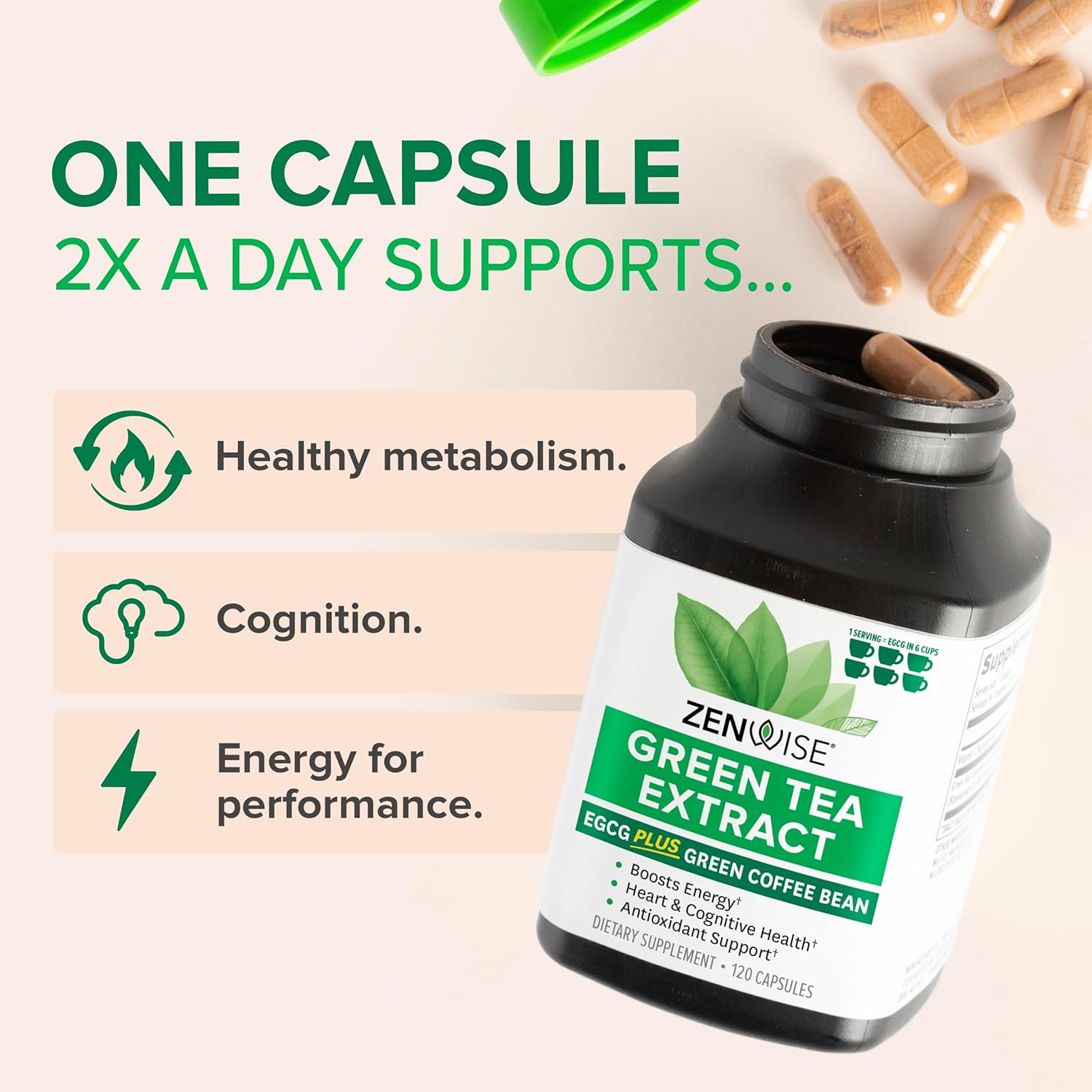 Zenwise Health Green Tea Extract Capsules for Men & Women - EGCG Supplement with Green Coffee Bean Extract Boosts Energy & Memory - Immune Support for Skin, Brain & Hearth Health - Vegan - 120 Count