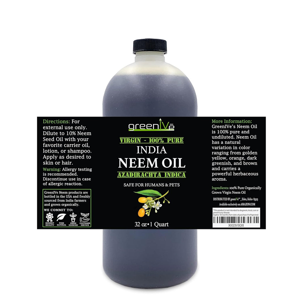 GreenIVe 100% Organically Grown Neem Oil, Cold-Pressed Virgin, Pure & Natural, 32 oz - Ideal for Gardening, Skin Care, Hair Care & Pet Care