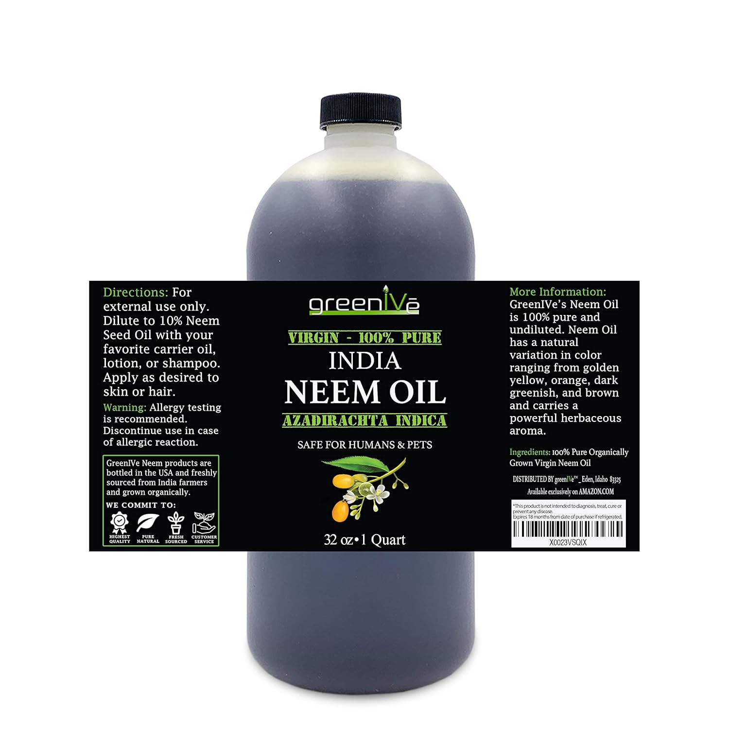 GreenIVe 100% Organically Grown Neem Oil, Cold-Pressed Virgin, Pure & Natural, 32 oz - Ideal for Gardening, Skin Care, Hair Care & Pet Care