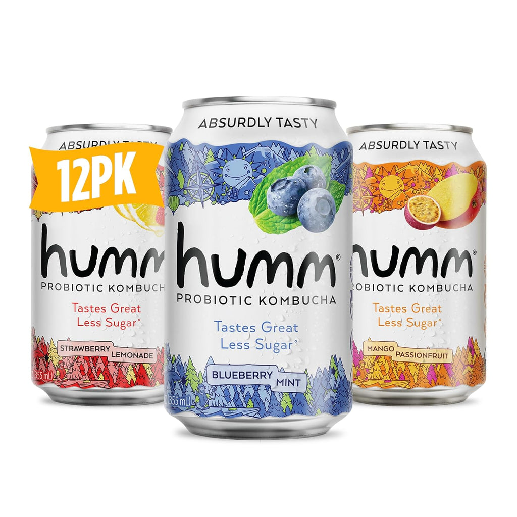 Humm Probiotic Kombucha The Original Variety 12 Pack, Organic, 2 Billion Probiotics for Gut Health, Mango Passionfruit, Blueberry Mint and Strawberry Lemonade