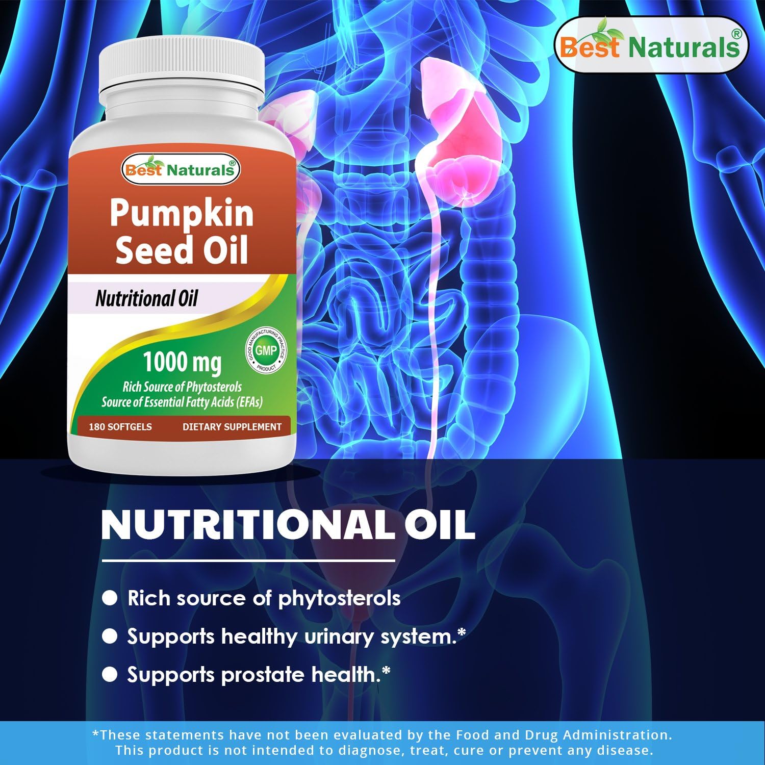Best Naturals Pumpkin Seed Oil Bladder Control 1000 mg 180 Softgels