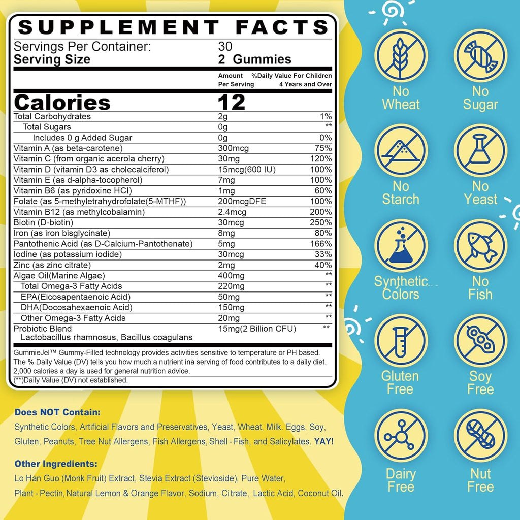Kids Multivitamin Gummies with Iron, Sugar Free, Kids Daily Vitamins + Probiotics, Algae Omega 3 (EPA/DHA), A, C, D, Methyl B12, Folate, B6, Zinc, Biotin, for Healthy Growth, Immune Support, 60 Count