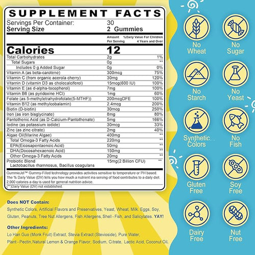 (2 Pack) Kids Multivitamin Gummies with Iron, Sugar Free, Kids Daily Vitamins + Probiotics, Algae Omega 3 (EPA/DHA), A, C, D, Methyl B12, Folate, B6, Zinc, Biotin, for Healthy Growth, Immune Support