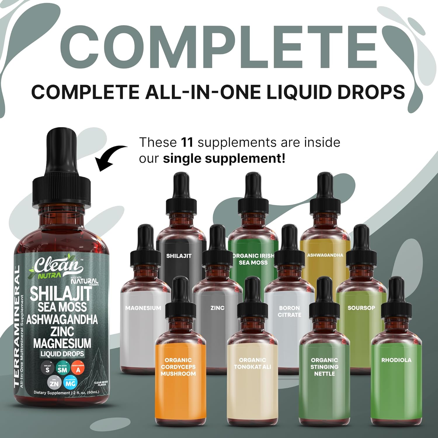 Shilajit Liquid Drops with Sea Moss, Ashwagandha, Zinc, Magnesium, Liquid Vitamins for Women and Men - Terra Mineral by Clean Nutra - 2Pack