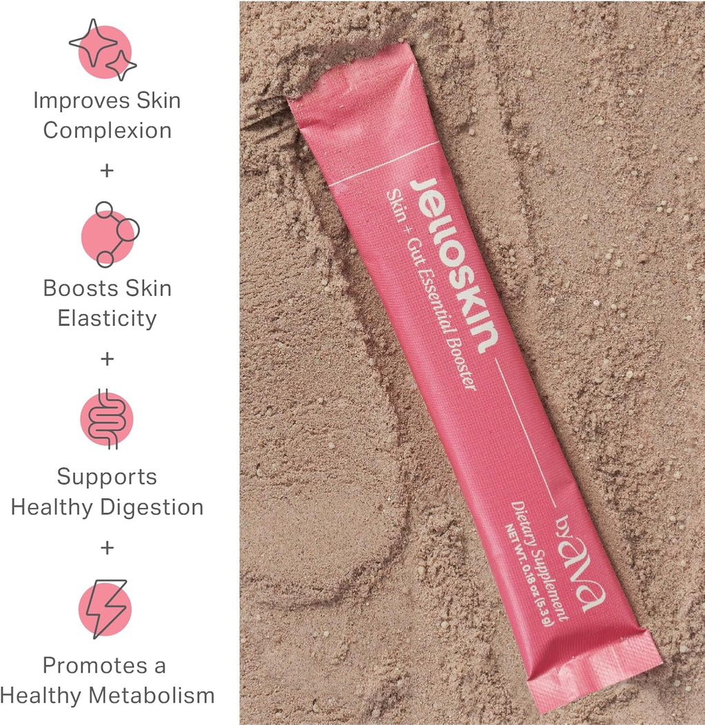Jelloskin Skin + Gut Essential Prebiotic Booster Powder | L-Glutamine 1500mg, Vitamin C, Zinc, Niacinamide | 30 Servings | Glowing Skin, Gut Health Support | Antioxidants Camu Camu & Spirulina