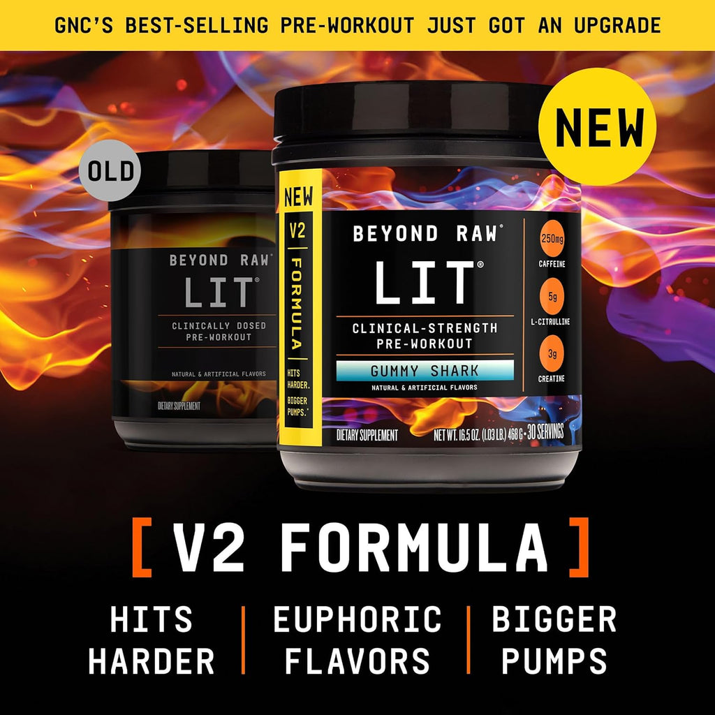 BEYOND RAW LIT V2 Clinical Strength Pre Workout Powder, Hits Harder, Bigger Pumps, Caffeine, L-Citrulline, Creatine, Gummy Shark, 30 Servings