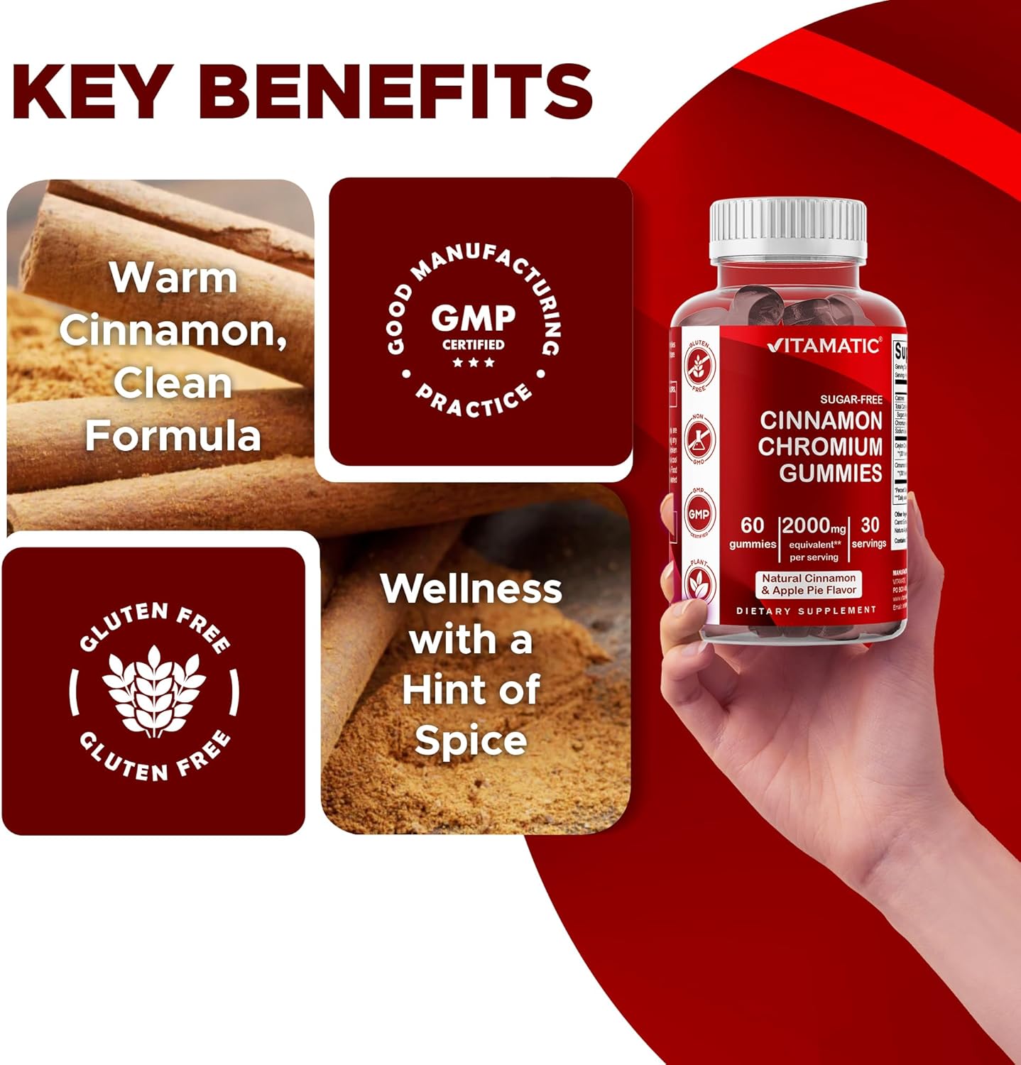 Vitamatic Sugar-Free Chromium Gummies with Ceylon Cinnamon – 2000 mg Equivalent Per Serving (from Extract 83 mg) – Non-GMO, Gluten-Free – 60 Vegan Gummies – 2 Pack