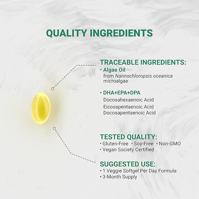 Naturalis Double Strength Vegan Omega 3 DHA, EPA & DPA from Microalgae | Vegan Society Certified, Sustainably Sourced, True Full Spectrum | 90 Veggie Softgels (Carrageenan Free)