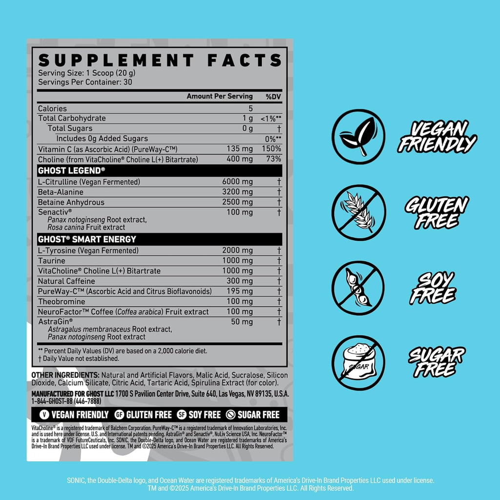 GHOST Legend Pre-Workout Powder, Sonic Ocean Water - 30 Servings – Pre-Workout for Men & Women with Choline, L-Citrulline, & Beta Alanine for Energy & Focus