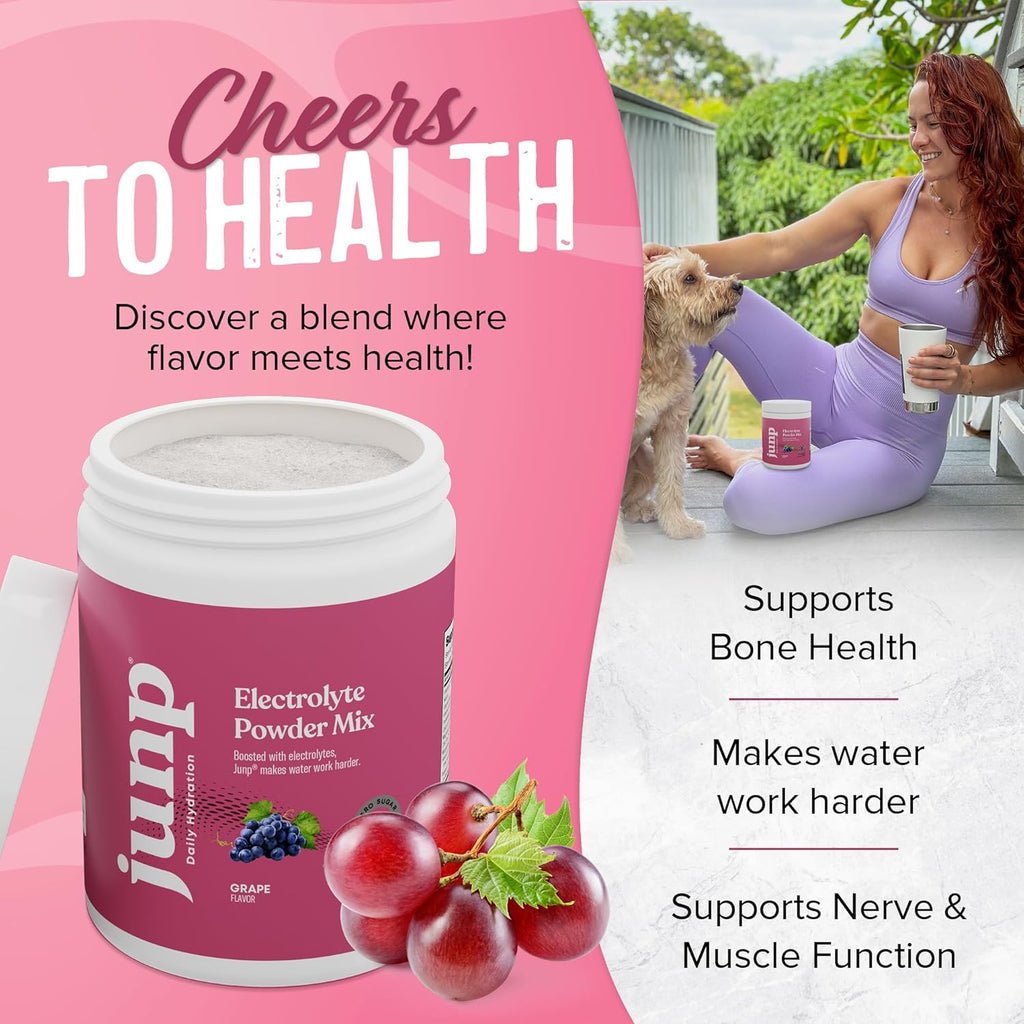 JUNP Electrolytes Powder No Sugar No Carbs – Vine Ripened Grape Infused Drink Mix - Potassium & Salt Electrolyte Hydration Powder Zero Calorie Sugar Free Electrolyte Powder,180 Servings