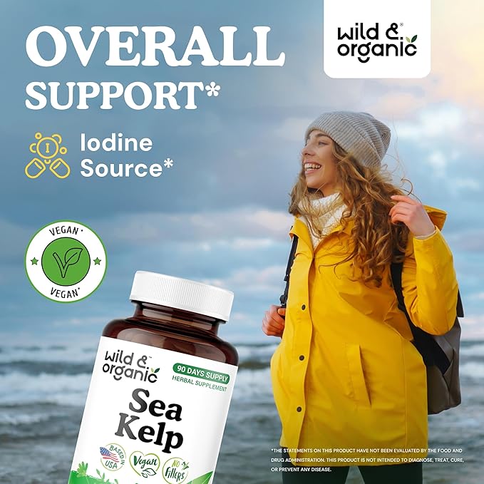 Wild & Organic Sea Kelp Supplement Capsules 600 mg - Immune & Overall Support - Sea Kelp Iodine for Men & Women - Ocean Seaweed Supplement - Vegan, No Fillers, Non-GMO - 90 Count