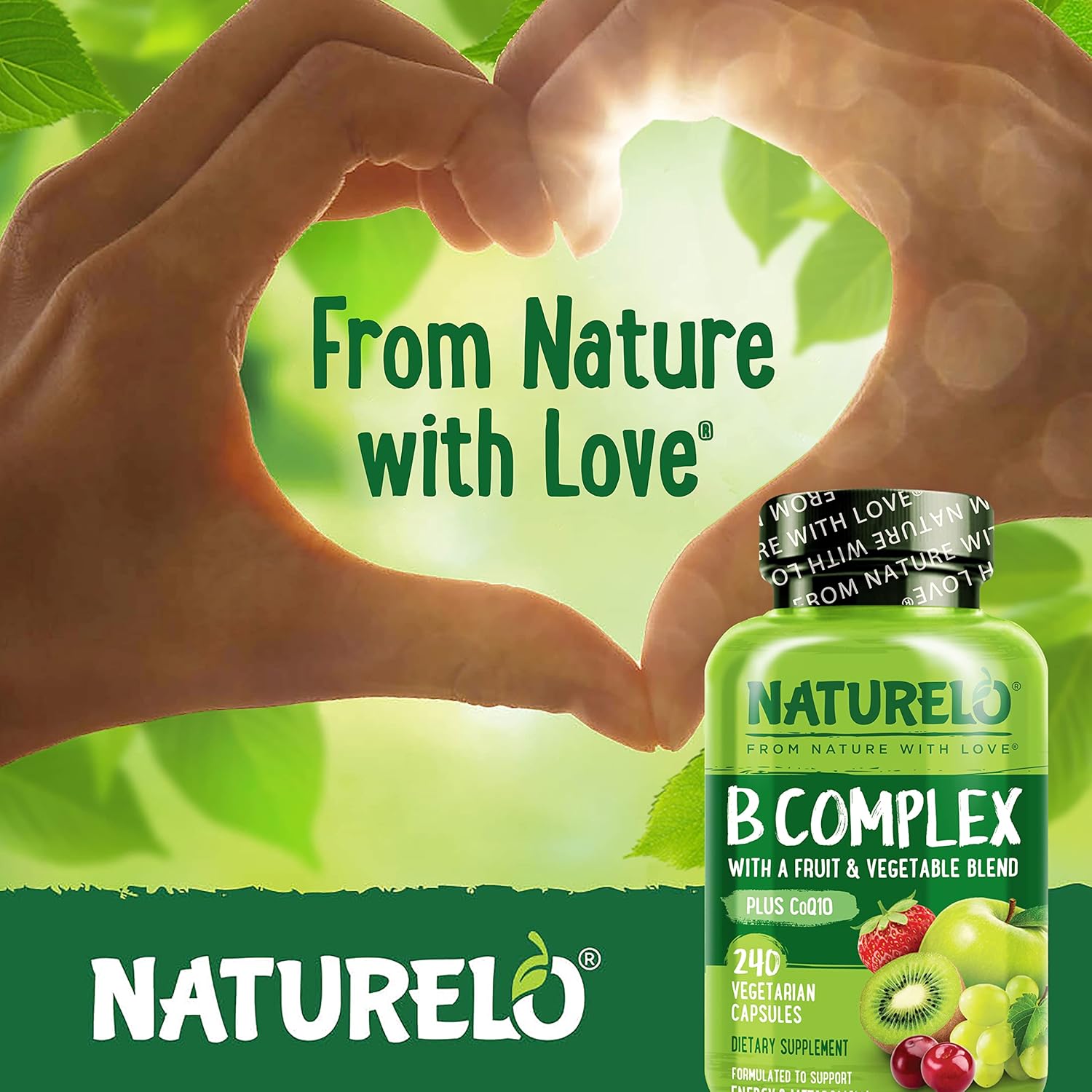 NATURELO Vitamin B Complex with Methyl B12, Methyl Folate, Vitamin B6, Biotin Plus Choline, CoQ10, and Fruit & Vegetable Blend - Supports Energy & Healthy Stress Response - Vegan - 240 Capsules