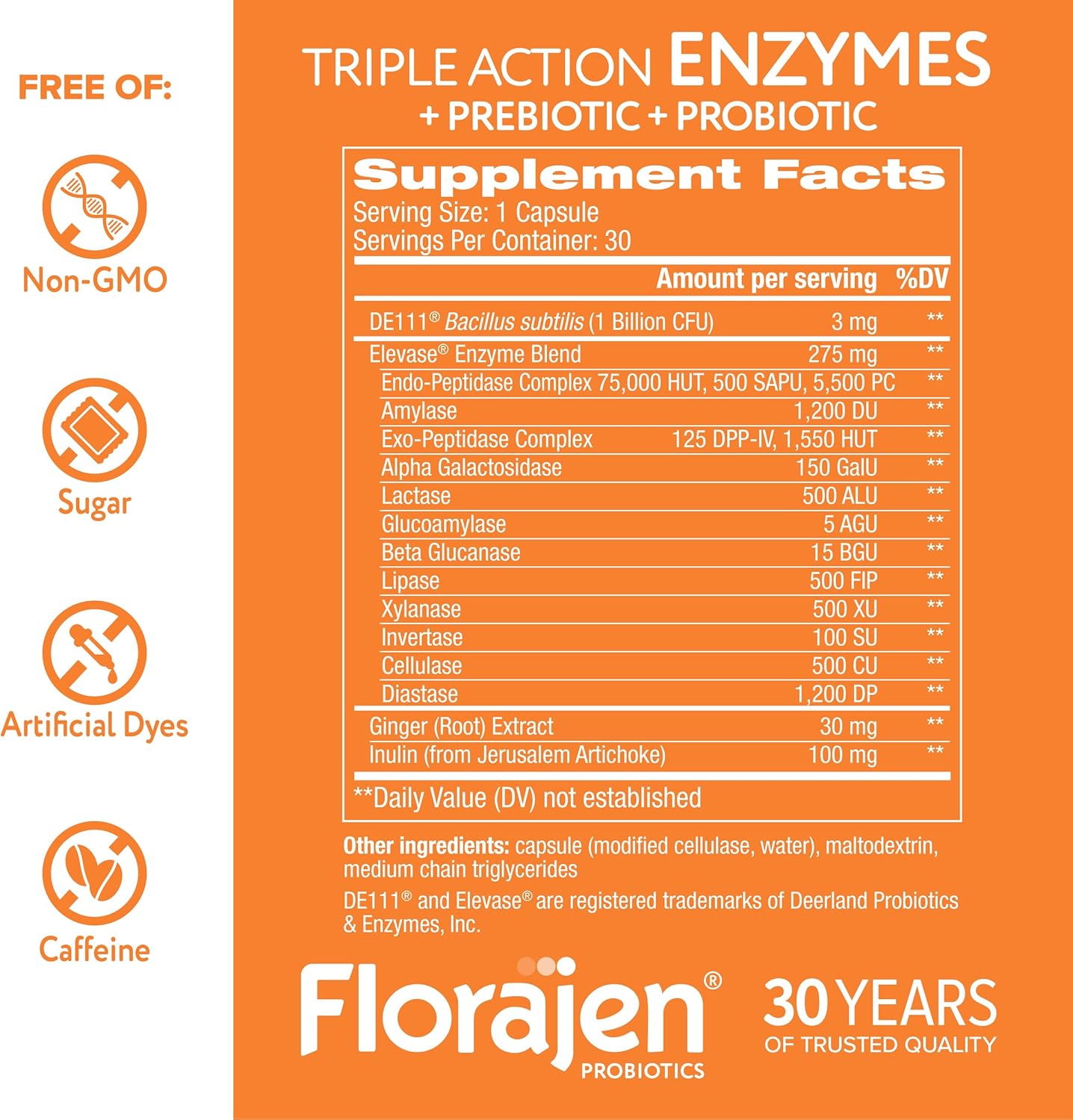 Florajen Digestive Enzymes with Probiotics & Prebiotics - Triple-Action Formula for Gut Health, Bloating, & Gas Relief - Supports Gluten & Dairy Digestion - Clean, Non-GMO - 30-Count