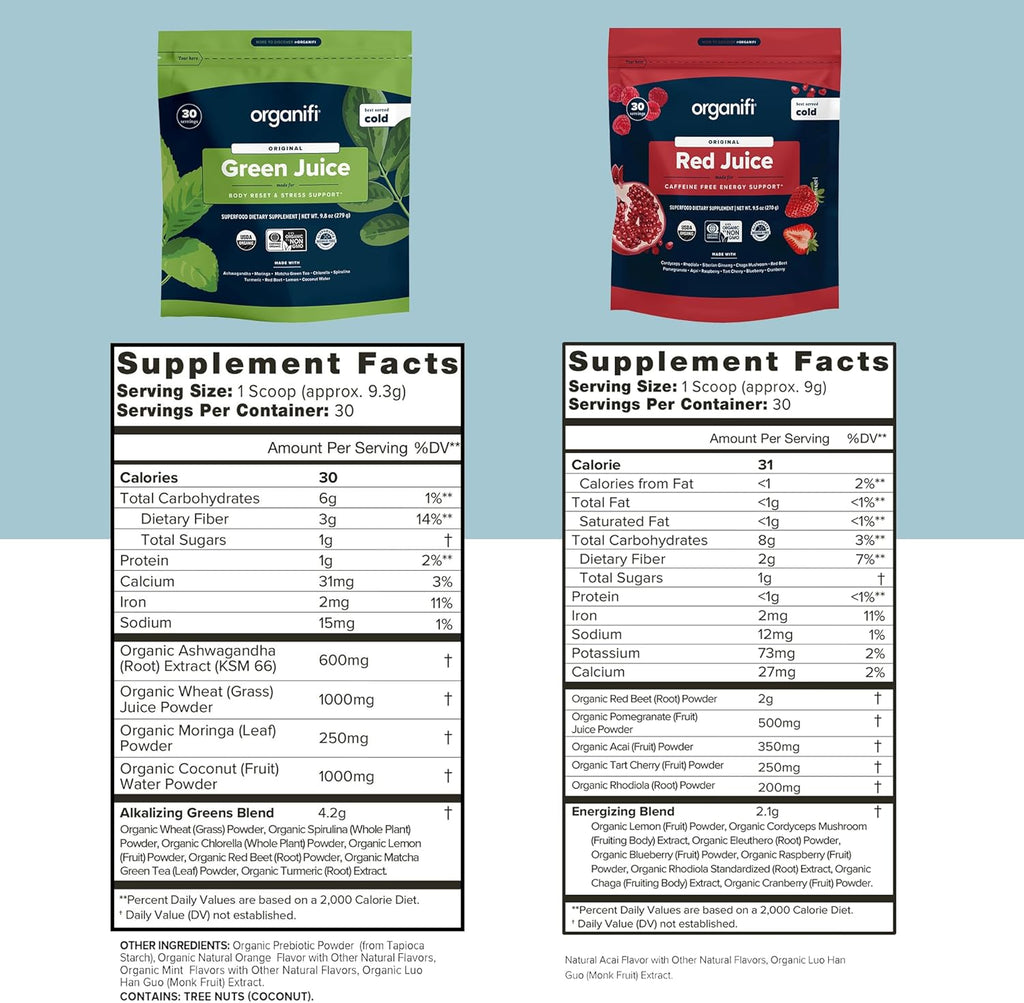 Organifi Green Juice and Red Juice Bundle - 30 Day Supply - Delicious, Refreshing Organic Superfood Supplement Powder With Antioxidants for Energy and Stress Relief Support - No GMO, Gluten, or Soy