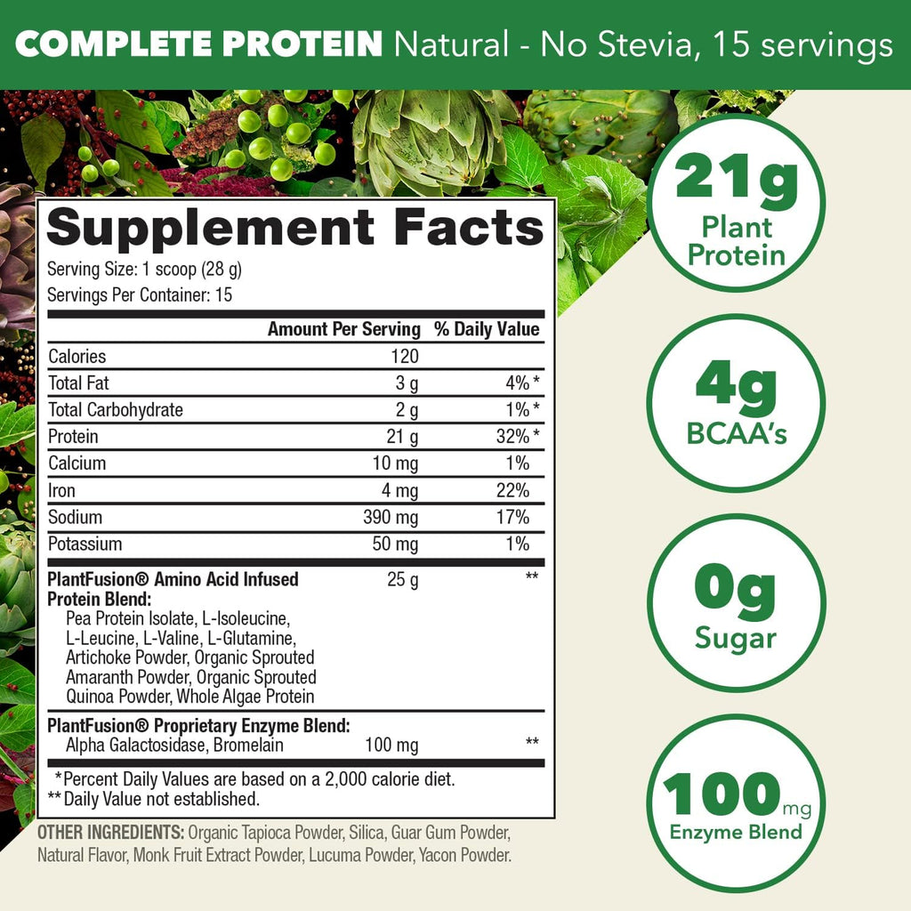 PlantFusion Complete Vegan Protein Powder - Plant Based Protein Powder With BCAAs, Digestive Enzymes and Pea Protein - Keto, Gluten Free, Non-Dairy, No Sugar, Non-GMO - Natural-No Stevia 0.93 lb