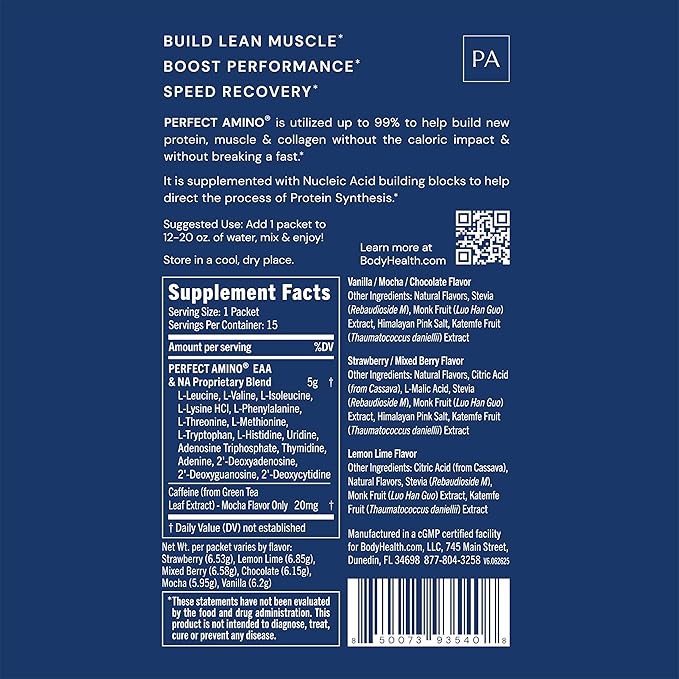 BodyHealth PerfectAmino Powder - BCAA and EAA Powder for Pre and Post Workout - Amino Acid Energy Drink for Men and Women to Support Lean Muscle and Recovery - Variety - Stick Packs - 15 Servings