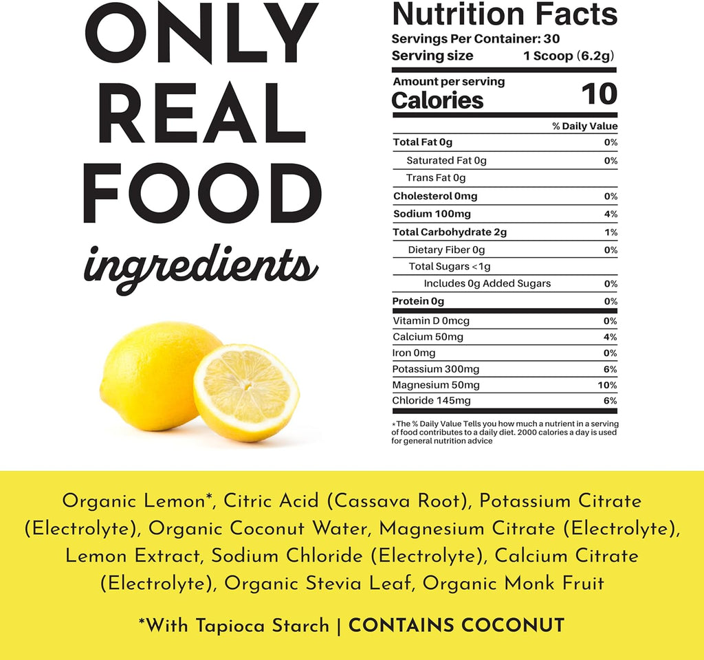 JUST INGREDIENTS Lemonade Electrolytes Drink Mix - Coconut Water, Sea Salt, Trace Minerals - 30 Servings