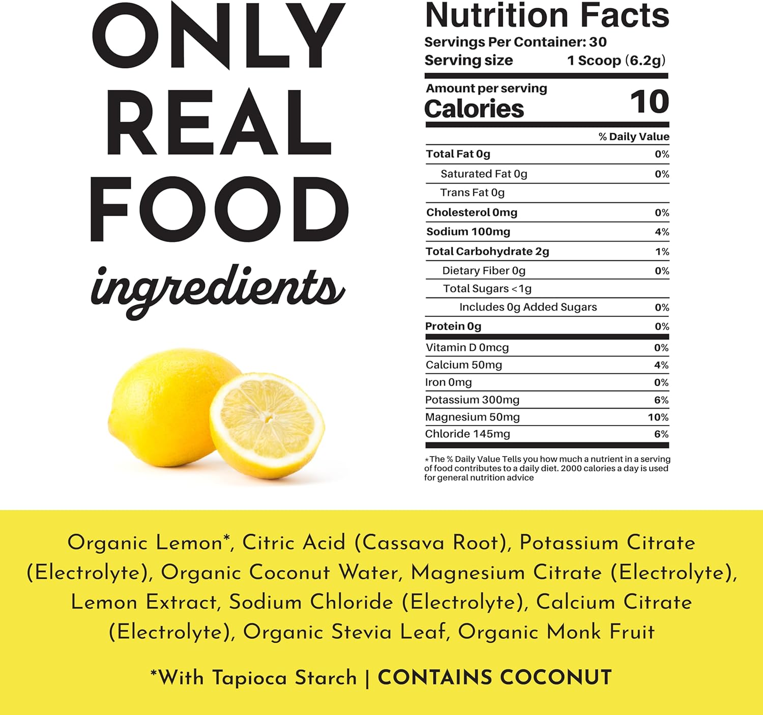 JUST INGREDIENTS Lemonade Electrolytes Drink Mix - Coconut Water, Sea Salt, Trace Minerals - 30 Servings