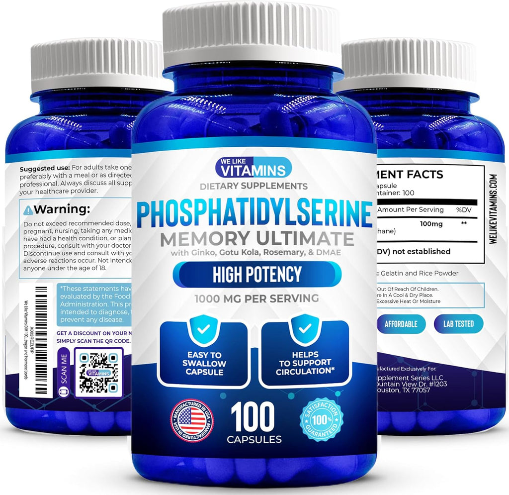 We Like Vitamins Phosphatidylserine Supplement with Gingko Biloba, Gotu Kola, DMAE - Improves Focus, Memory, Cognitive Function - Soy-Free 1000mg Memory Ultimate Complex - 100 Easy-to-Swallow Capsules