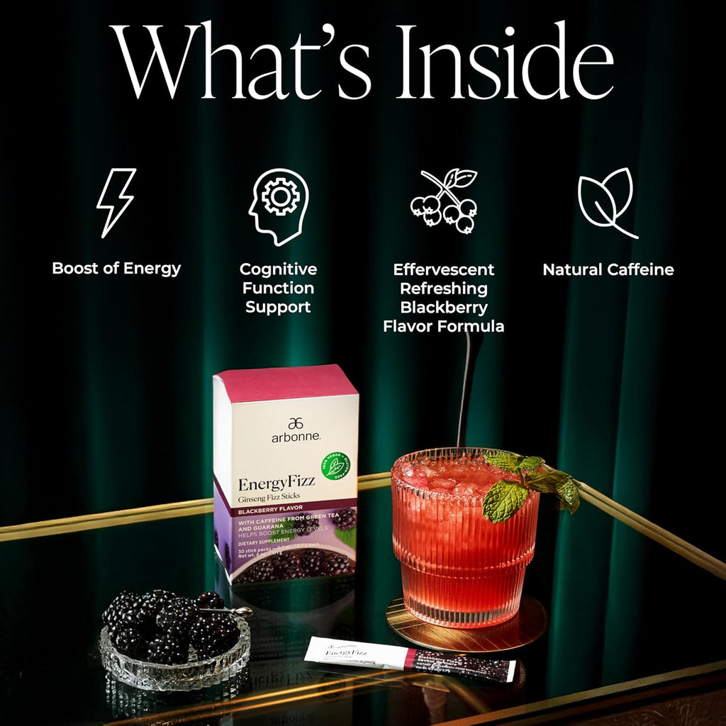 Arbonne Ginseng Energy Supplements - Blackberry Flavor Fizz Sticks, Energy Boost with Caffeine Powder from Guarana and Green Tea, Delicious Alternative to Caffeine Pills