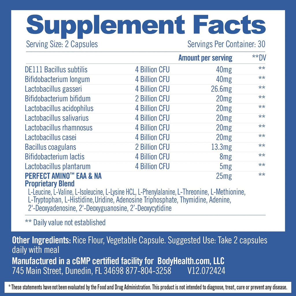 BodyHealth Probiotic Enhanced with PerfectAmino for Women and Men, Spore Based with Bifidobacterium, Lactobacillus Salivarius, Lactobacillus Acidophilus - 60 Capsules