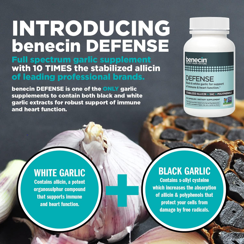 Benecin Defense 1500 mcg Stabilized Allicin per Capsule | Plus high Amounts of SAC & Polyphenols from Black Garlic | Powerful Support of Immune & Heart Function (90 Count, 90, Count)