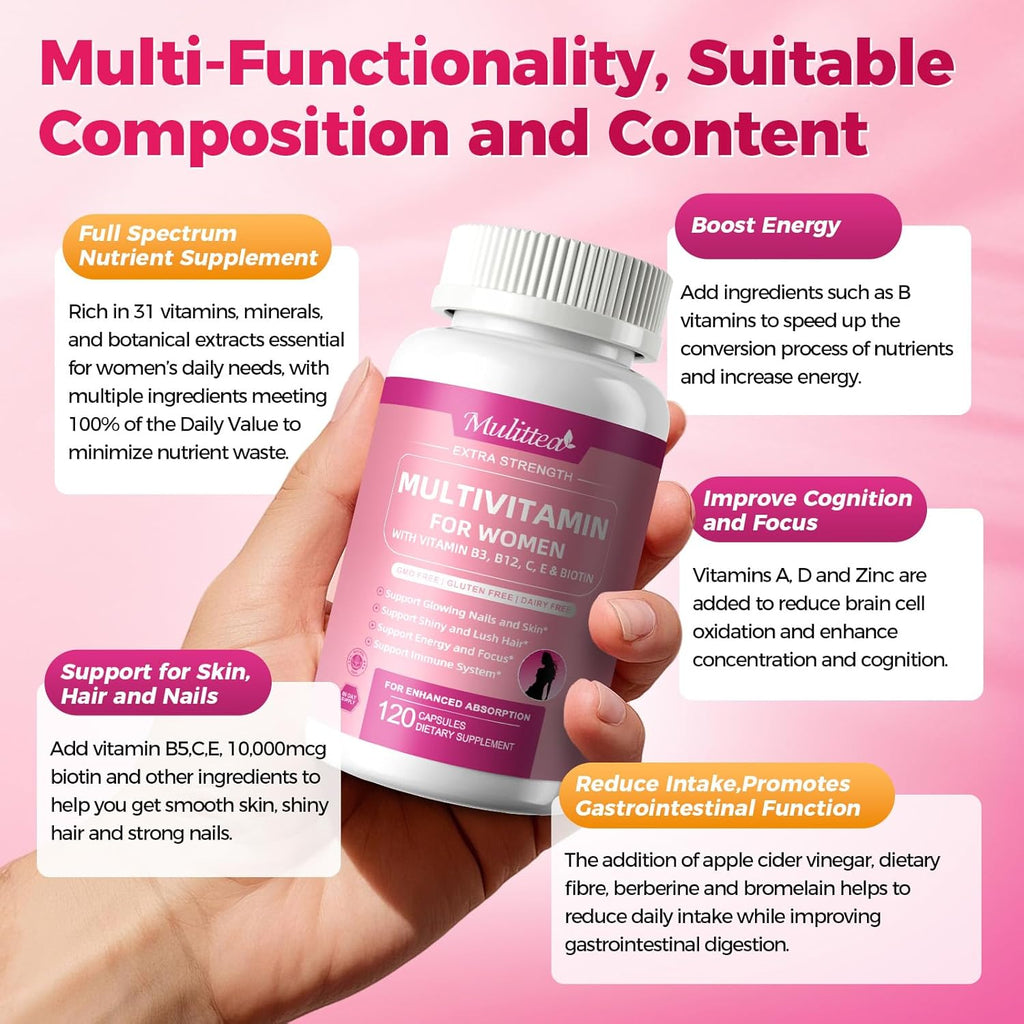 Multivitamin for Women - 18+ Daily Women Multivitamin w/Biotin 10000mcg, Vitamin A, C, D, E & More for Hair, Skin and Nails - Methylated B9,B12 for Energy & Focus -120 CT
