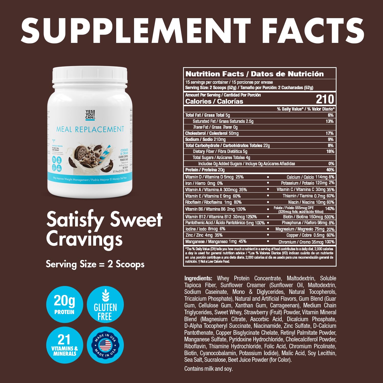 Yes You Can! Complete Meal Replacement - 15 Servings, 20g of Protein, 0g Added Sugars, 21 Vitamins and Minerals - All-in-One Nutritious Meal Replacement Shake (Cookies & Cream)