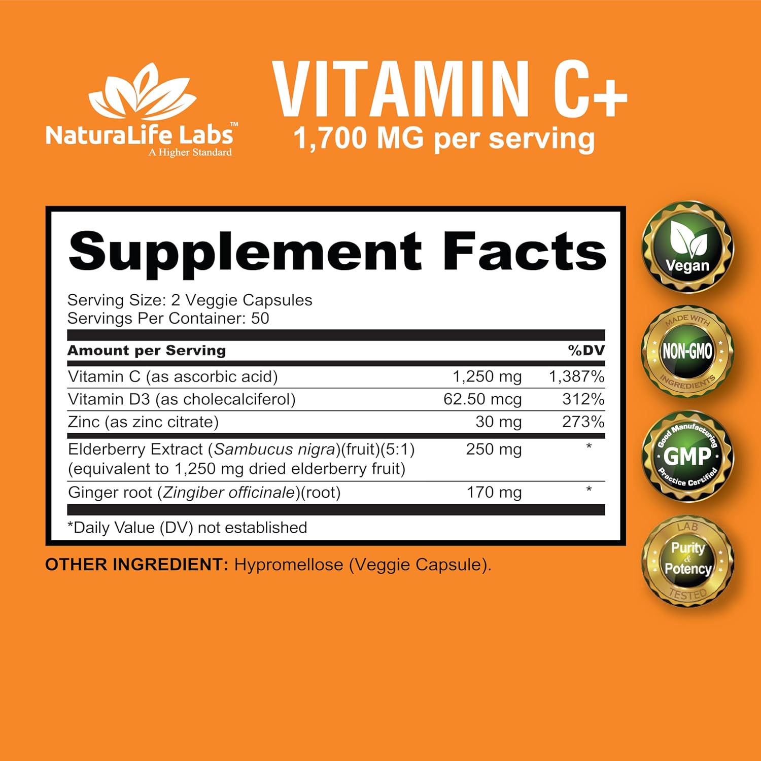 NaturaLife Labs A Higher Standard Vitamin C 1,700 MG with Vitamin D3, Zinc, Elderberry, Ginger Root - Maximum Strength Multi System Immune Support- 100 Veggie Capsules