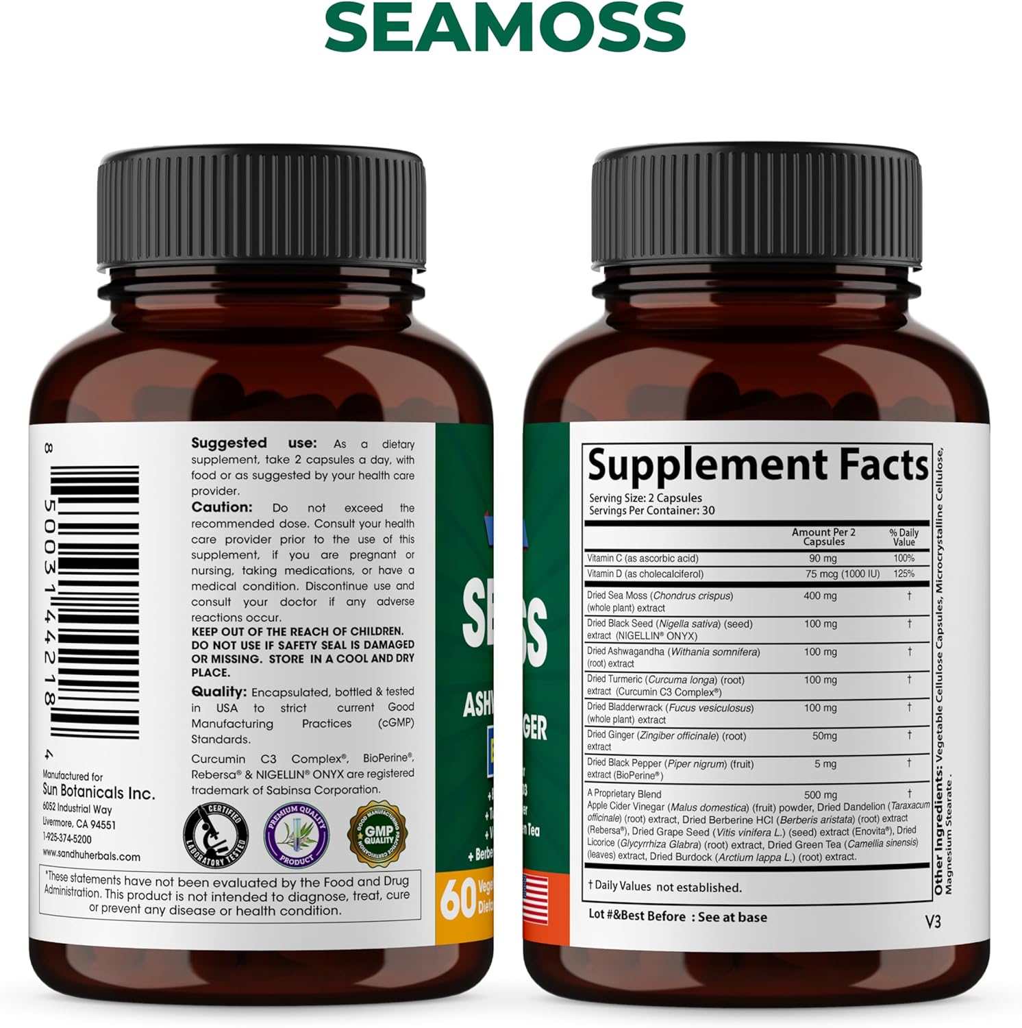Shilajit Sea Moss Ashwagandha Combo Bundle - Black Seed Oil, Turmeric, Rhodiola Rosea, Panax, Ginseng Supplement | 120 Capsules, Better Than Gummies, Resin | Seamoss for Men & Women