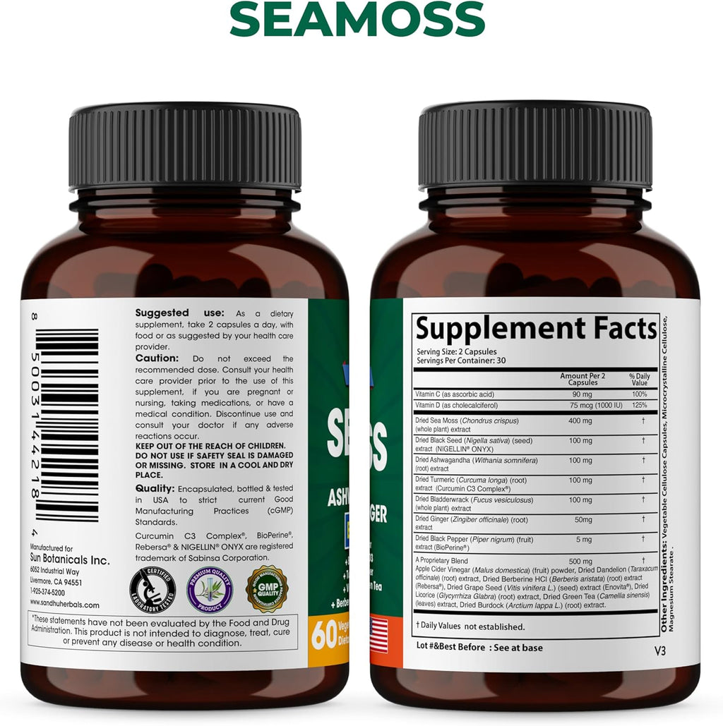 Sandhu Herbals Bundle - Sea Moss, Shilajit, Black Seed Oil, Ashwagandha, Ginger, Rhodiola Rosea, Panax Ginseng, Stinging Nettle