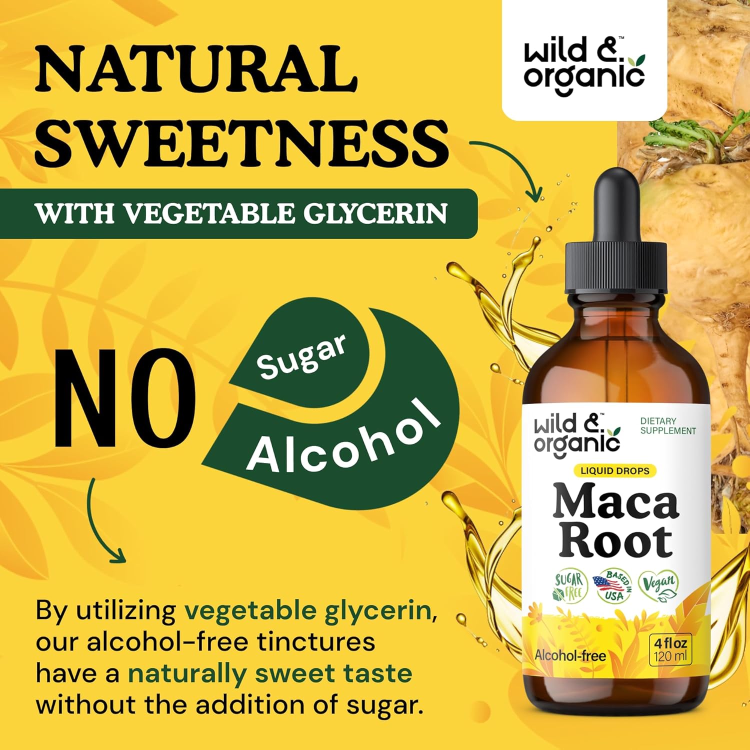 Wild & Organic Maca Root Liquid Drops for Men & Women - Peruvian Maca Tincture for Overall Support - Vegan, Sugar & Alcohol-Free Supplement - 4 fl oz