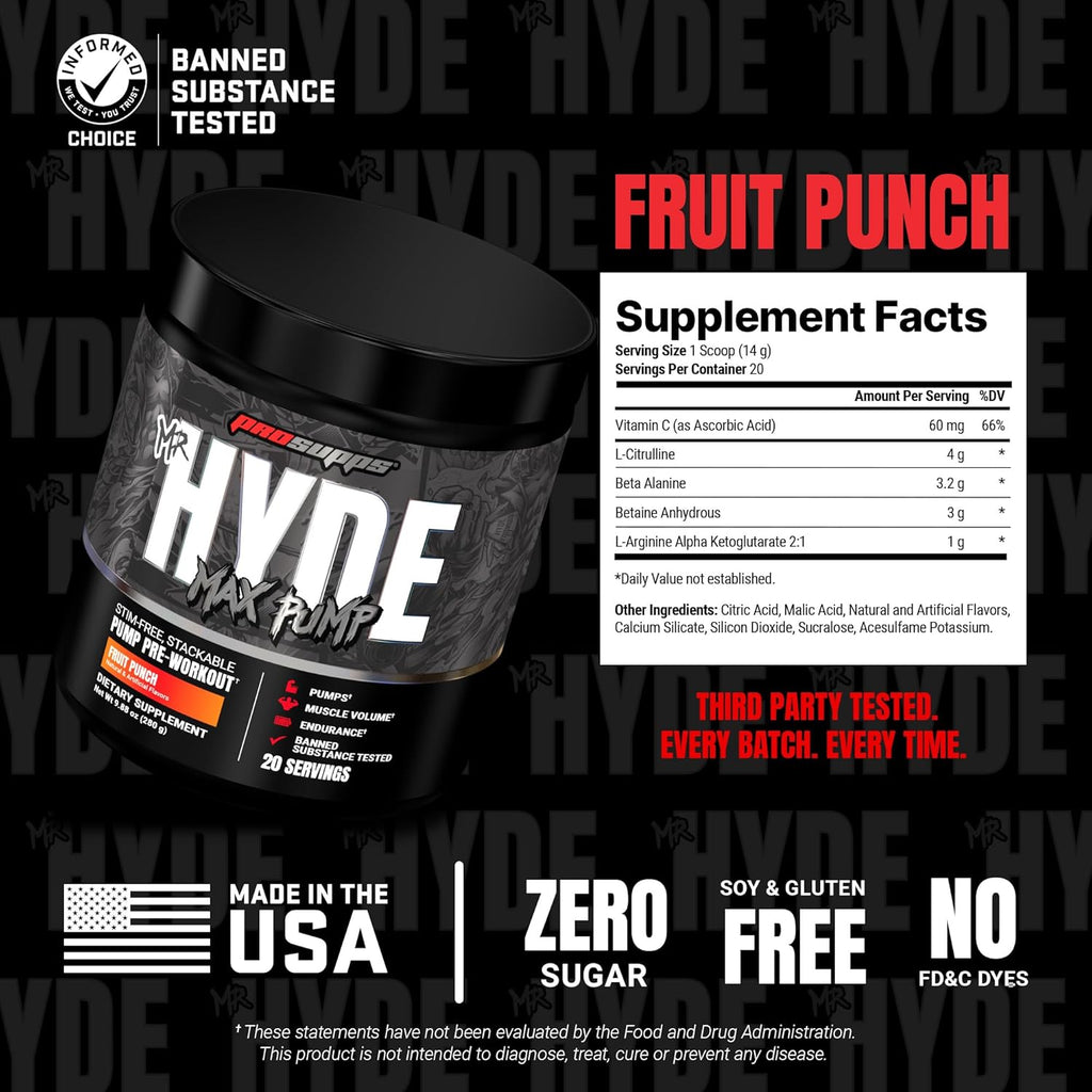 PROSUPPS Mr. Hyde Max Pump Pre Workout Powder - Stim-Free Preworkout Supports Blood Flow, Muscle Volume & Endurance - Caffeine-Free Nitric Oxide Gym & Fitness Supplements (Fruit Punch, 20 Servings)