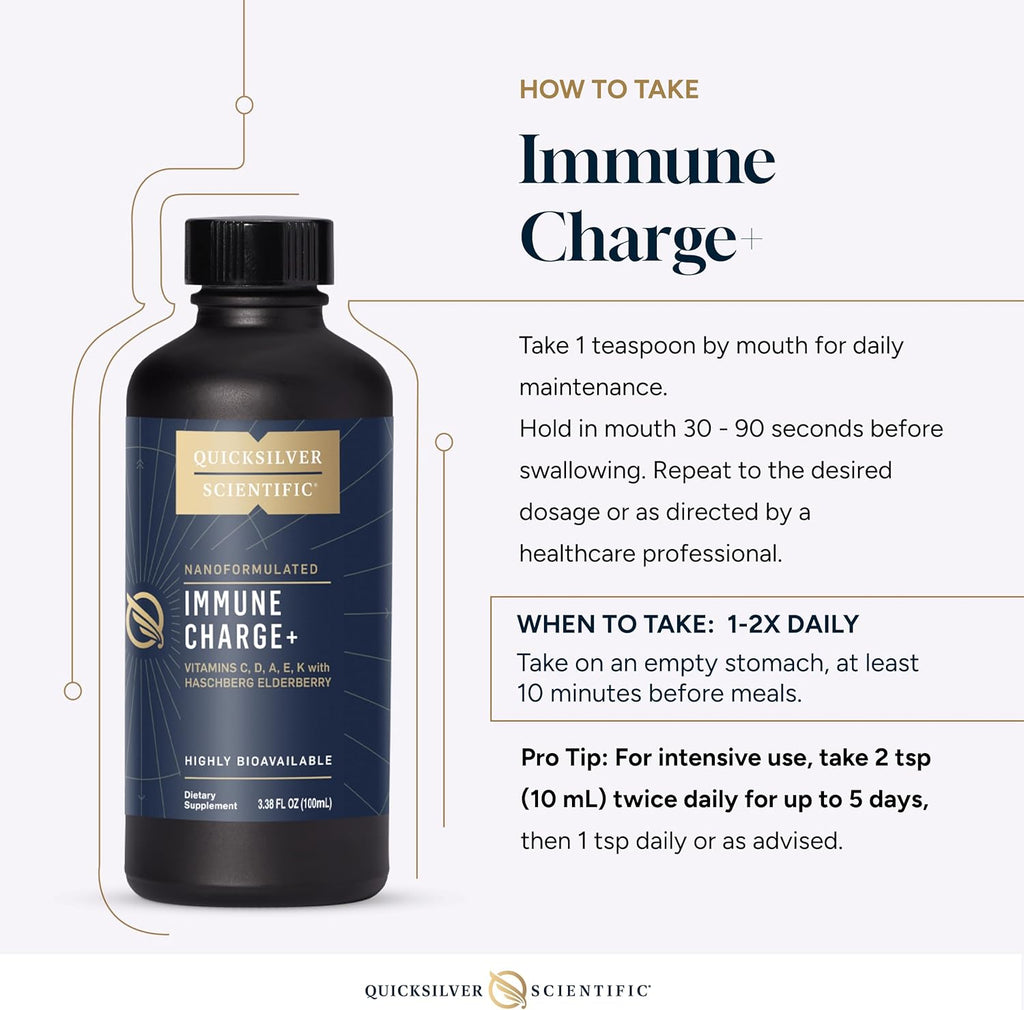Quicksilver Scientific Immune Charge+ - Elderberry with 10,000 IU Vitamin D3, 25,000 Vitamin A, C, E, K1 & K2 for Immune Health & Lung Support (100ml)