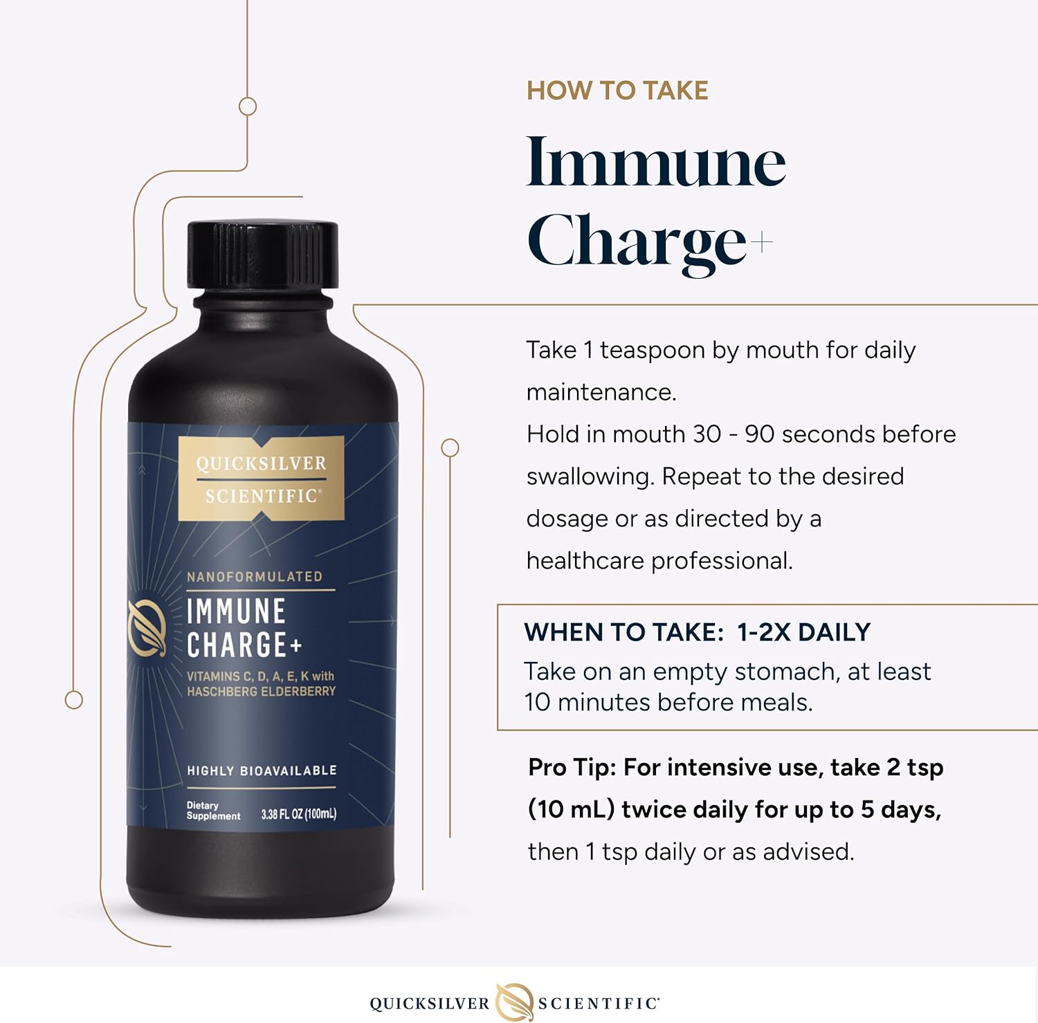 Quicksilver Scientific Immune Charge+ - Elderberry with 10,000 IU Vitamin D3, 25,000 Vitamin A, C, E, K1 & K2 for Immune Health & Lung Support (100ml)