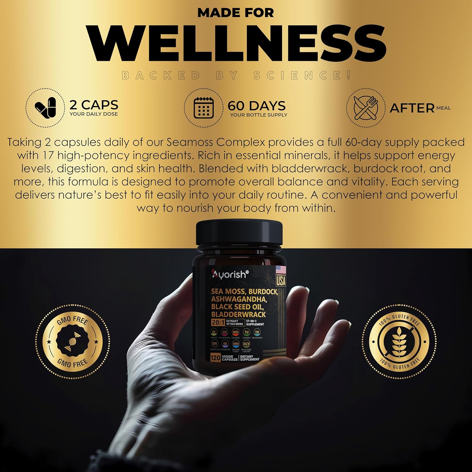 Sea Moss Capsule 30:1 High Strength 6000mg Equivalent Per Servings, Black Seed Oil Ashwagandha Ginger Capsules, Turmeric, Moringa, Bladderwrack, Burdock Root, Manuka Honey, Cinnamon 120 Count
