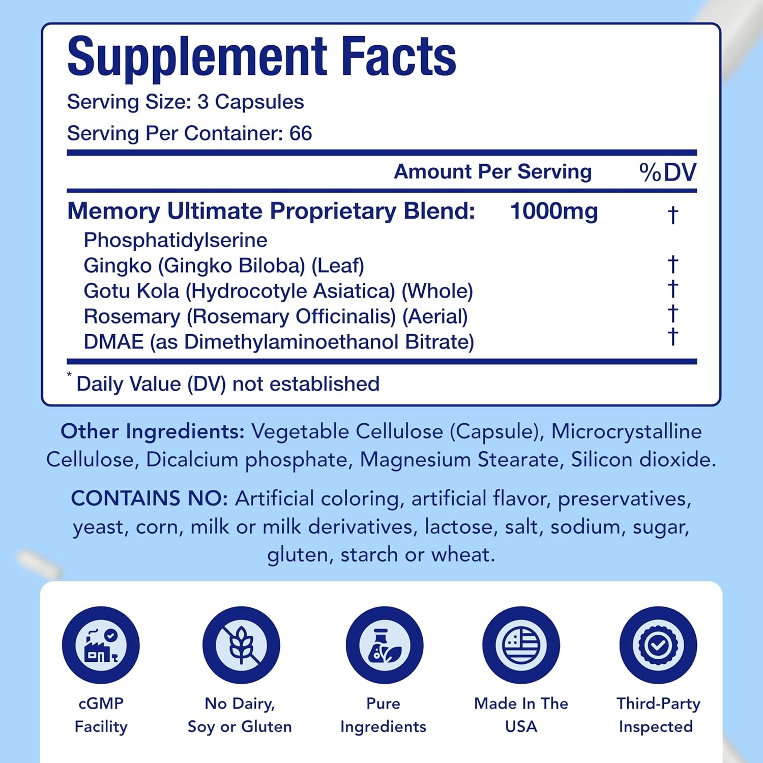 Memory Supplement for Brain Support | Phosphatidylserine Supplement with Memory and Focus Complex with Ginkgo Biloba DMAE Rosemary and Gotu Kola | Made and Tested The USA (66 Day Supply)