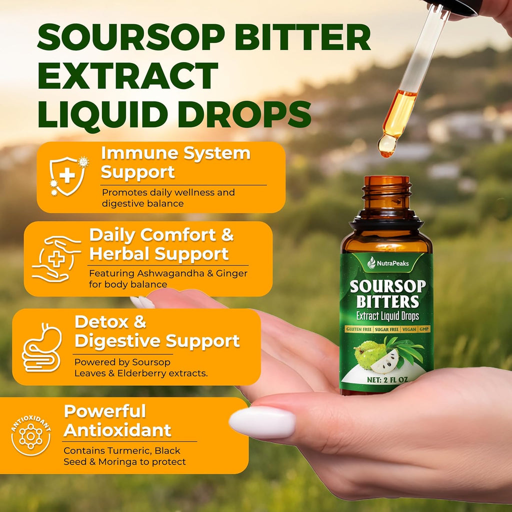 Soursop Bitters Liquid Drops – Premium Herbal Blend with Soursop Leaves, Black Seed, Moringa, Ashwagandha, Senna, Goat Weed & Ginger, 2 fl oz | Natural Botanical Blend