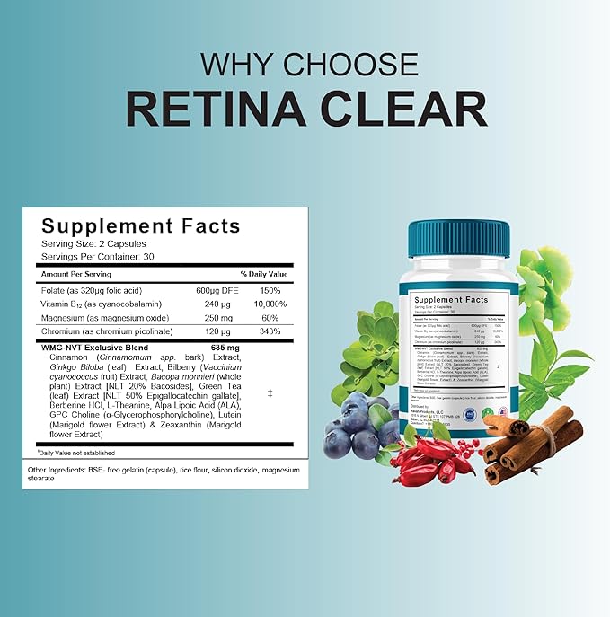 (2 Pack) Retina Clear Advanced Eye Health Supplement, Retina Clear Max Strength Overall Vision & Wellness Supplement, RetinaClear Advanced Vision Support and Eye Health Formula Pills (120 Capsules)
