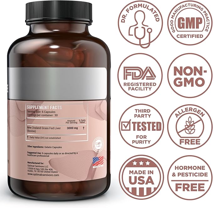 Optimal Carnivore Grass Fed Beef Liver Capsules, Freeze Dried in Convenient Pills, 180 Capsules, Desiccated Supplement