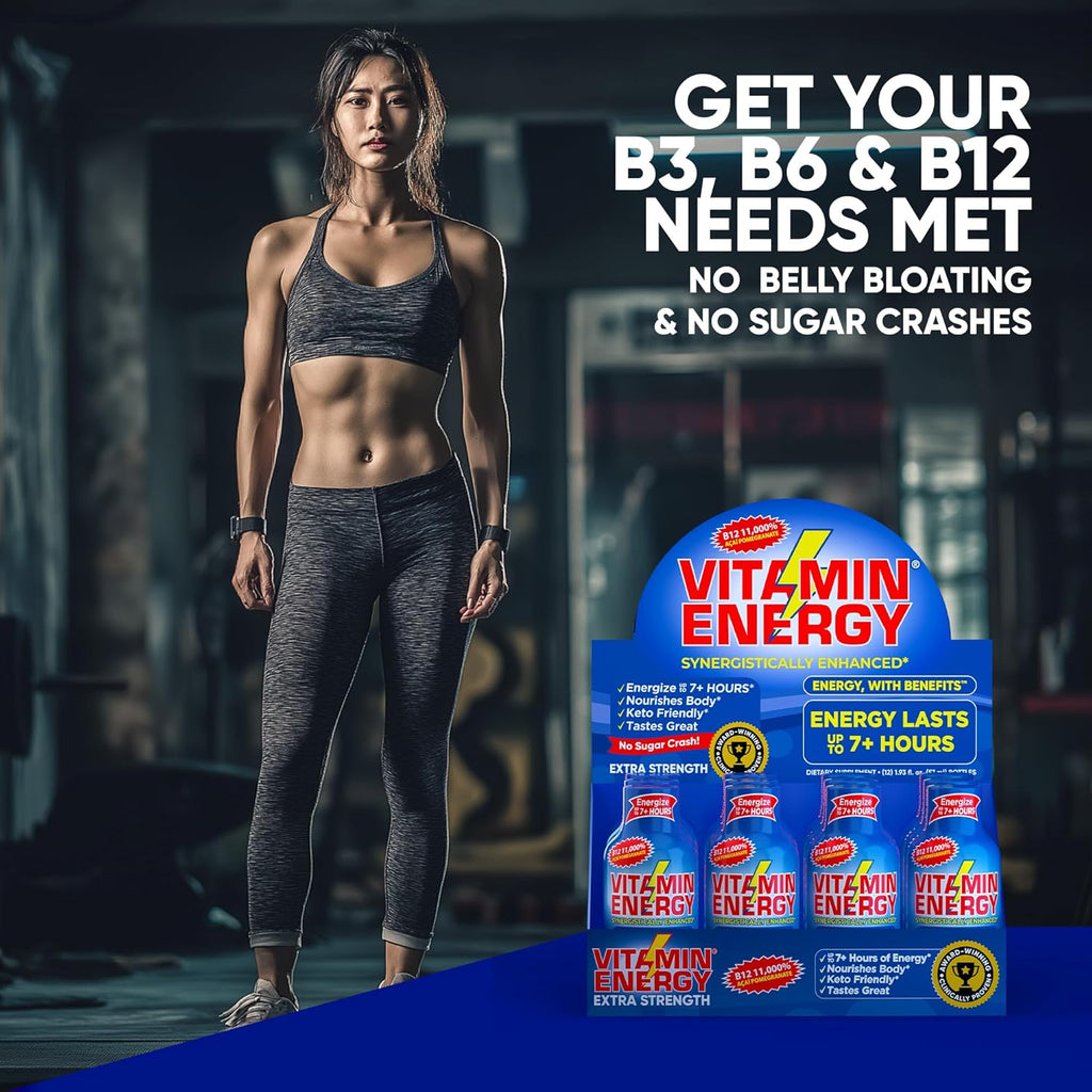 Vitamin Energy B12 11,000% Extra Strength Energy Shot Açaí Pomegranate 12 Pack, 260mg Natural Caffeine, B12 & B6, Nootropic Focus, Vitality, Zero Sugar, Gluten-Free, Vegan, Kosher, 1.93 fl oz