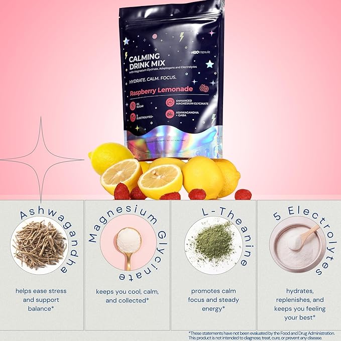 Calm Magnesium Glycinate Powdered Drink Mix with Electrolytes – Sugar Free with Ashwagandha, L-Theanine, Vitamin B 6&GABA – Cortisol Support, Stress Relief, Hydration & Focus - 20 servings (Raspberry)