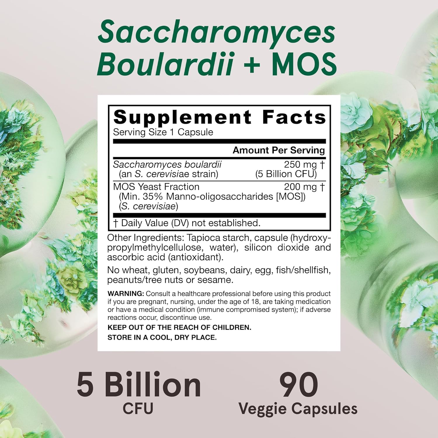 Jarrow Formulas Saccharomyces Boulardii Probiotics + MOS 5 Billion CFU Probiotic Yeast for Intestinal Health Support, Gut Health Supplements for Women and Men, 90 Veggie Capsules, 90 Day Supply